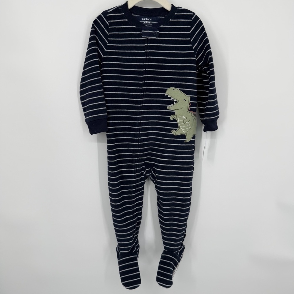 NWT Carter's Navy & White Striped Dinosaur One Piece Fleece Footie Pajama 24mo
